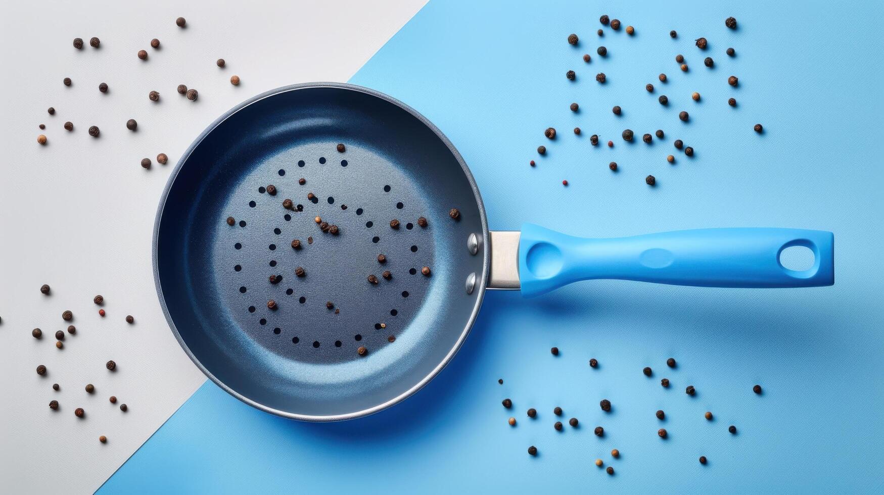 Non-Stick Frying Pan with Blue Handle and Scattered Peppercorns on a Blue and White Background photo