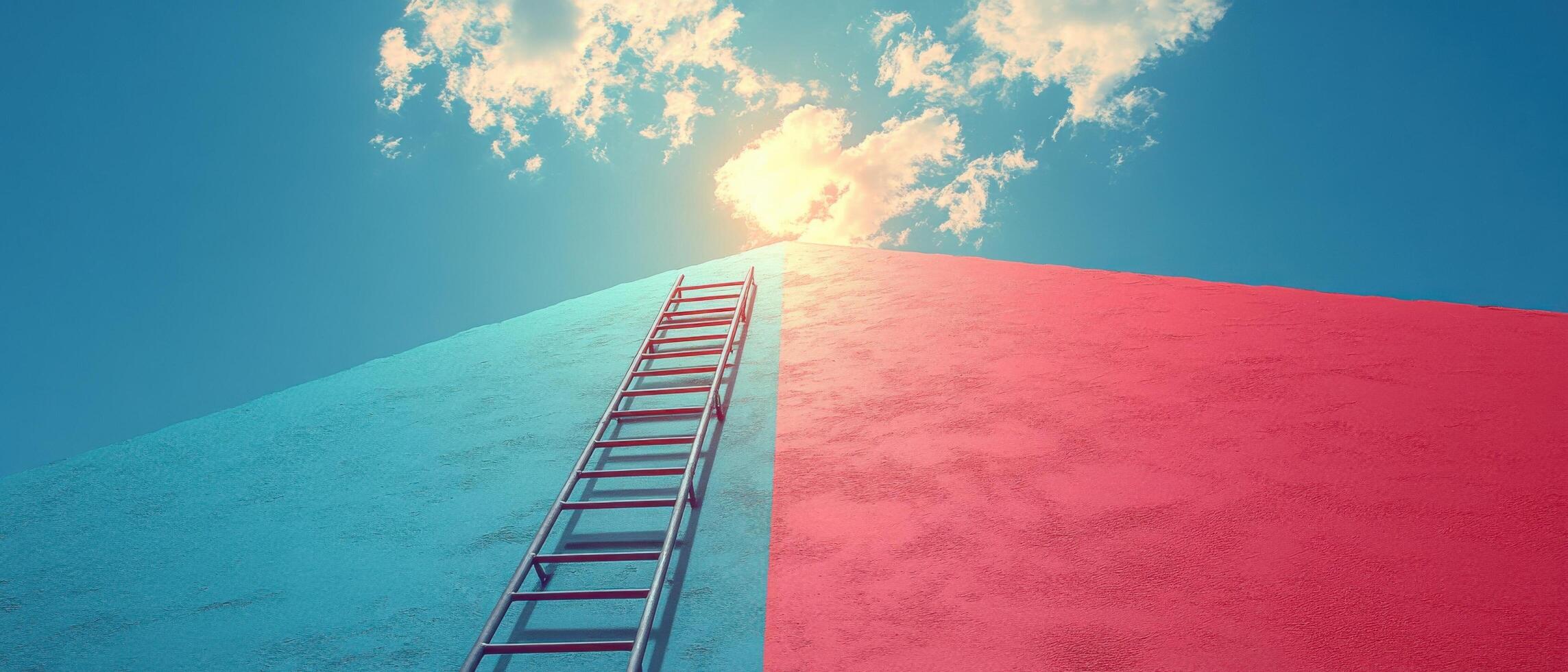 Ladder Leading to Sky on Colorful Wall with Blue and Pink Sections Under Bright Sunlight photo