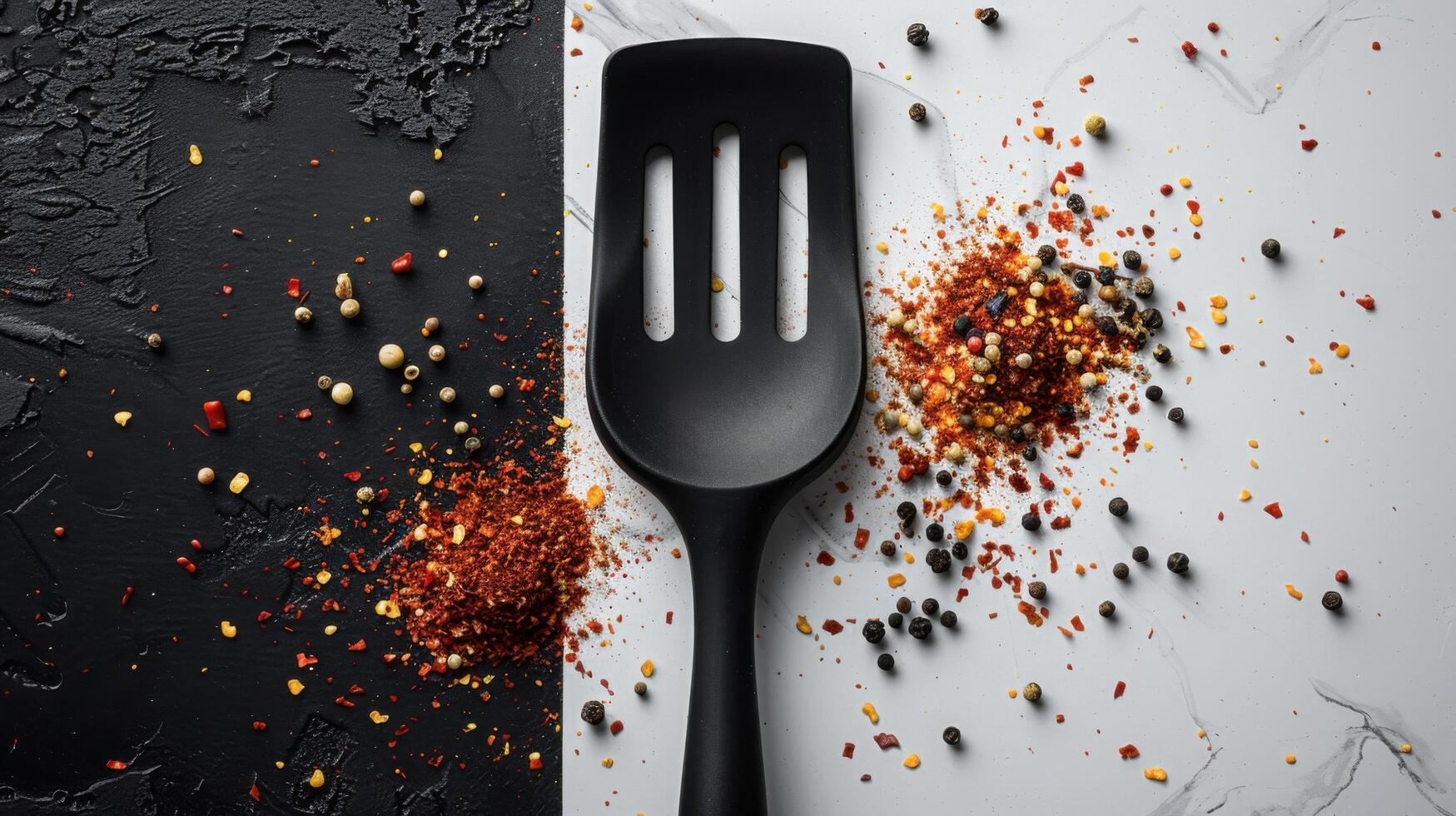 Black Spatula with Colorful Spices on Black and White Background - Culinary Art and Kitchen Utensils photo