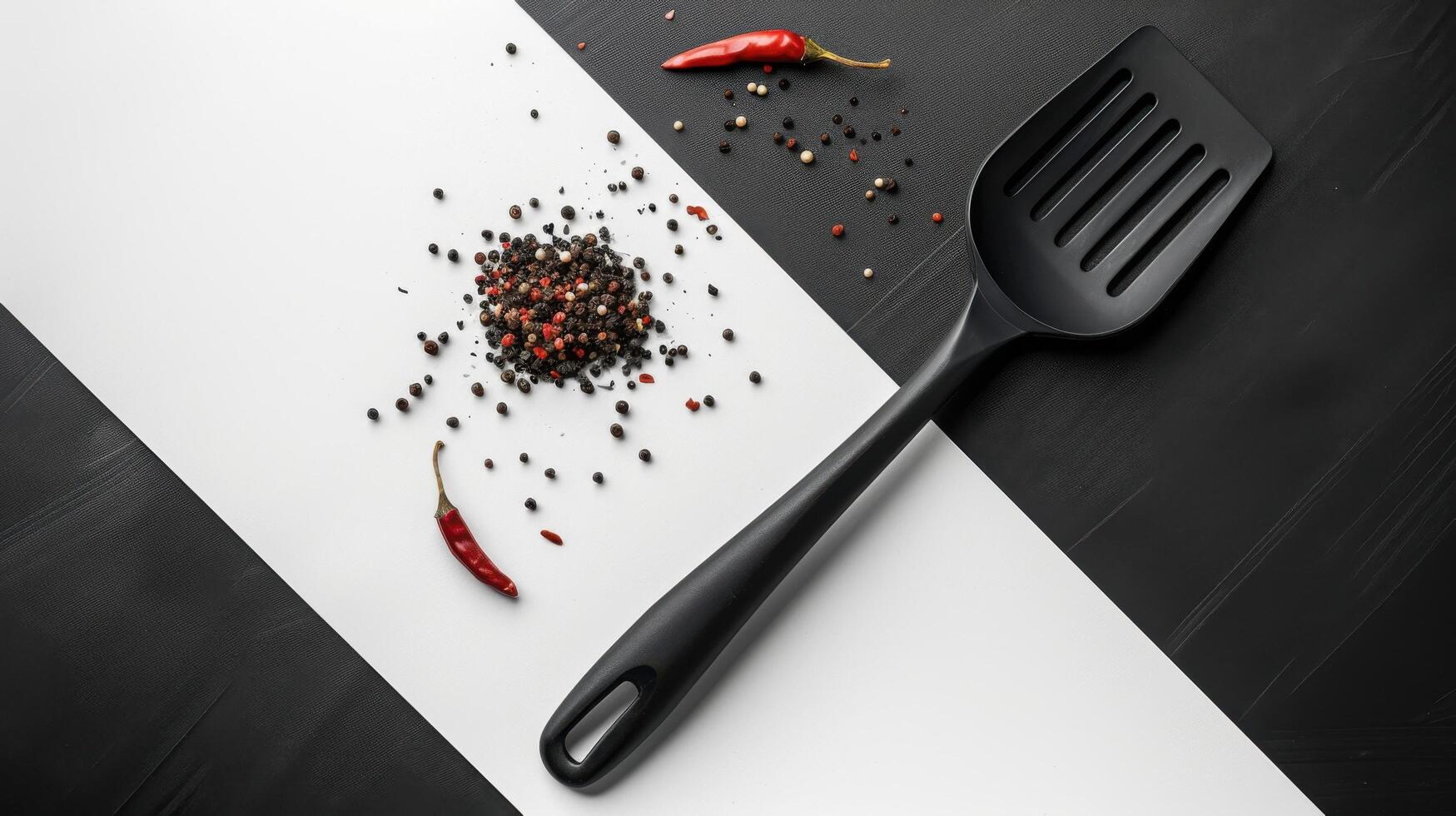 Black Spatula with Mixed Peppercorns and Red Chili Peppers on Black and White Background photo