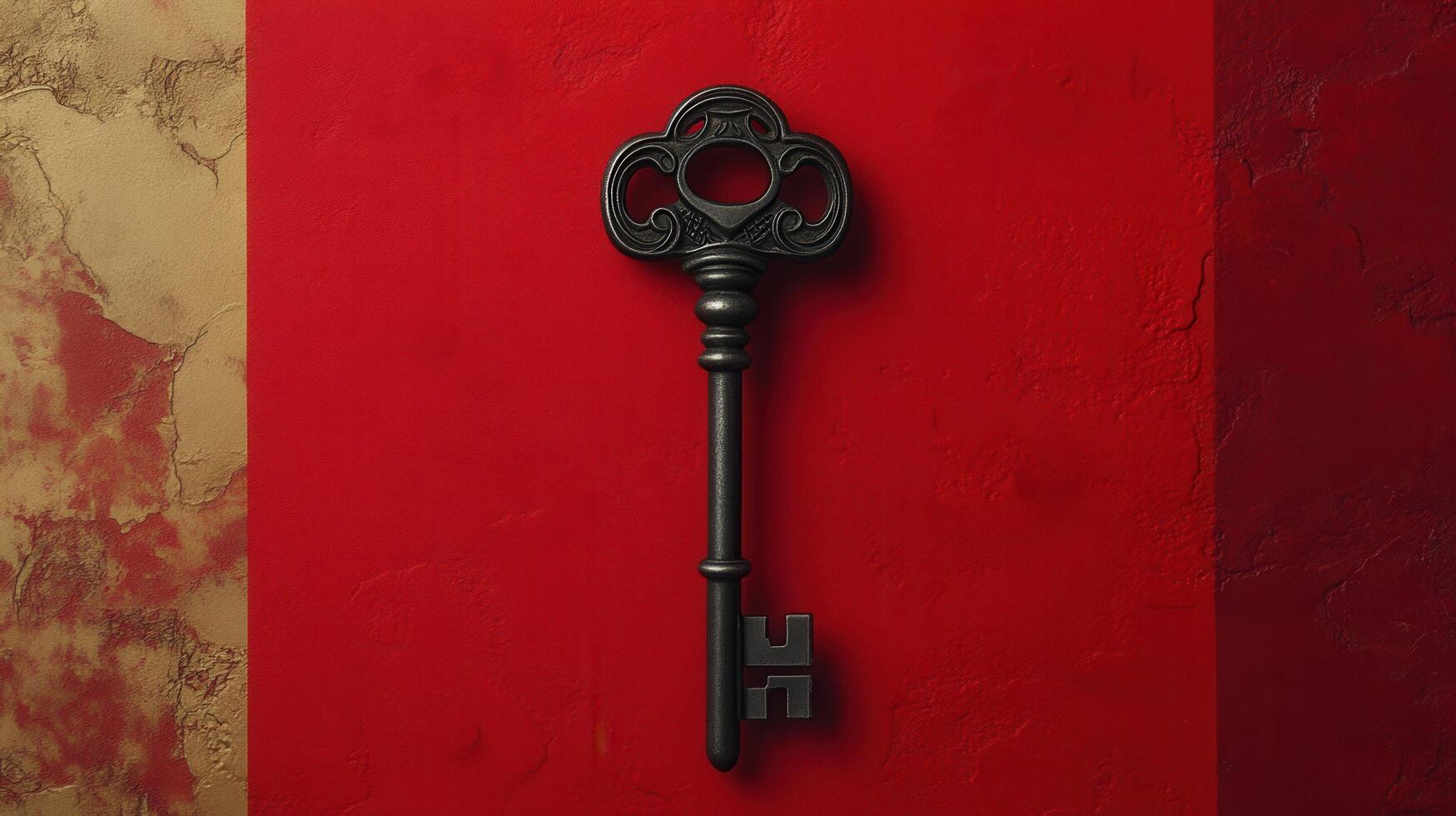 Vintage Black Skeleton Key on Red and Gold Textured Background - Antique Key Decor photo