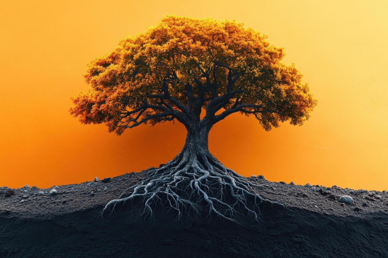 Majestic Tree with Exposed Roots Against Vibrant Orange Background in a Minimalist Artistic Style photo