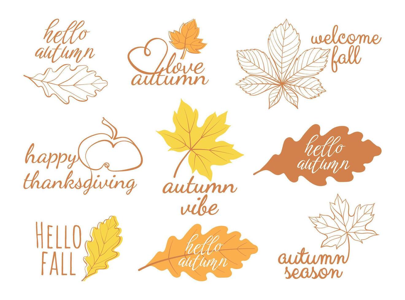 Autumn set with welcome lettering, leaves and pumpkin. Fall compositions with phrases. Autumnal illustrations on white background for cards, posters, banners, invitations, stickers, sales. vector