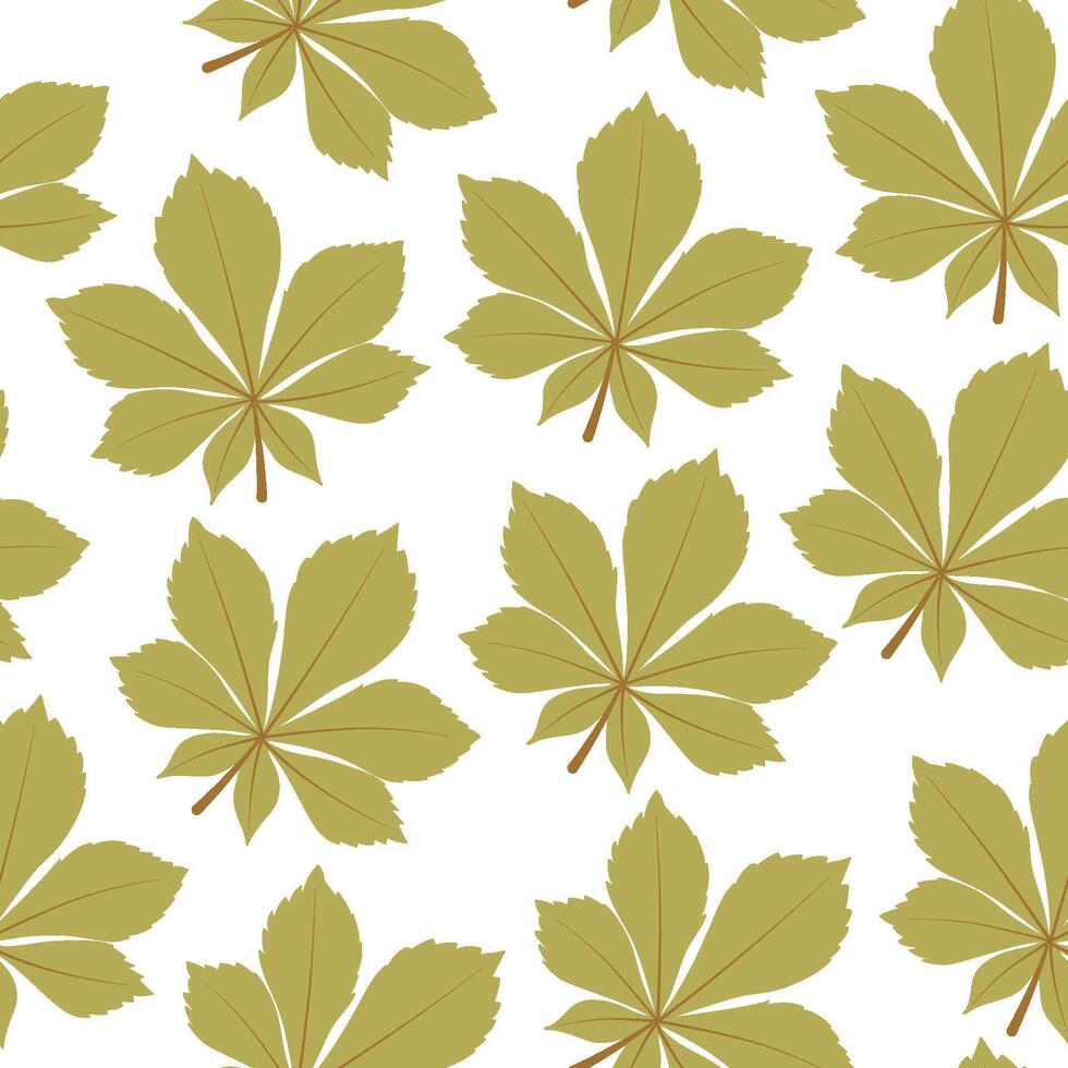 Autumn chestnut leaves a seamless pattern. Fall background with green horse chestnut leaf on white background. Botanical background for wrapping paper, wallpaper, and fabric. Foliage print. vector