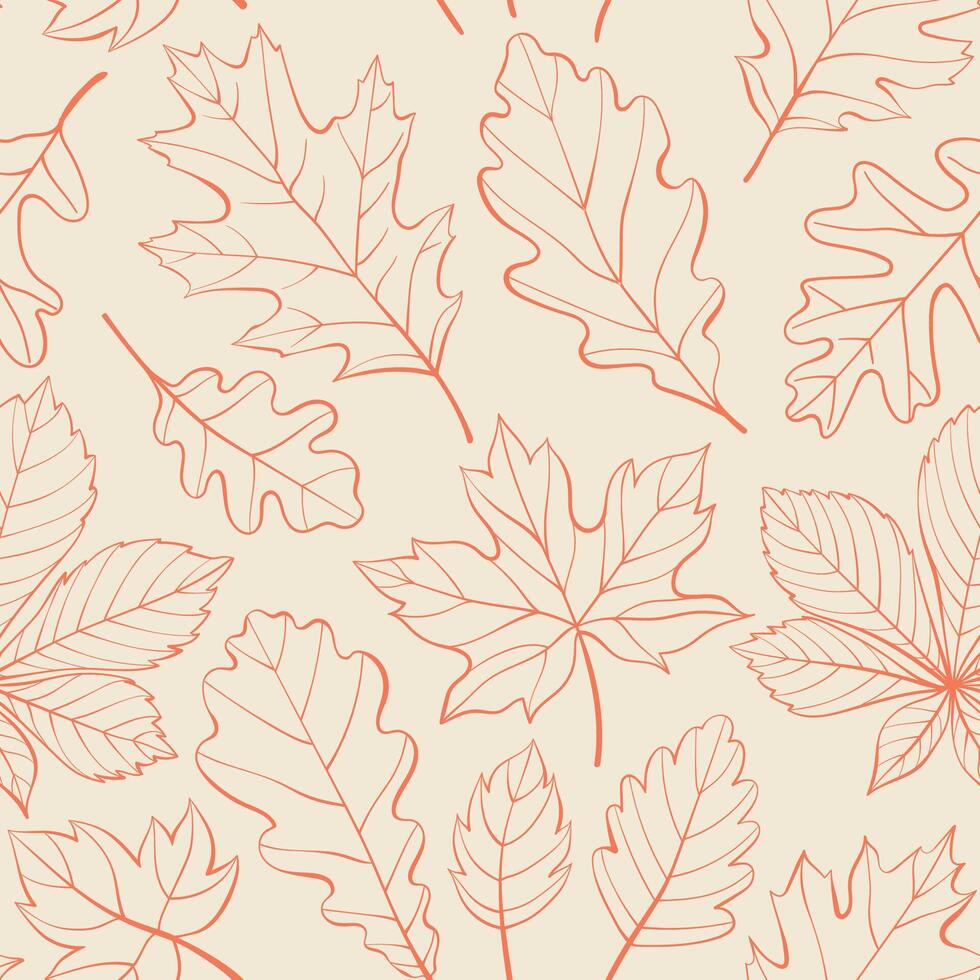 Oak, maple, chestnut leaves outline seamless pattern. Autumn or spring leaves in doodle style. Monochrome red foliage contour on beige background for wrapping paper, wallpaper, and fabric. vector