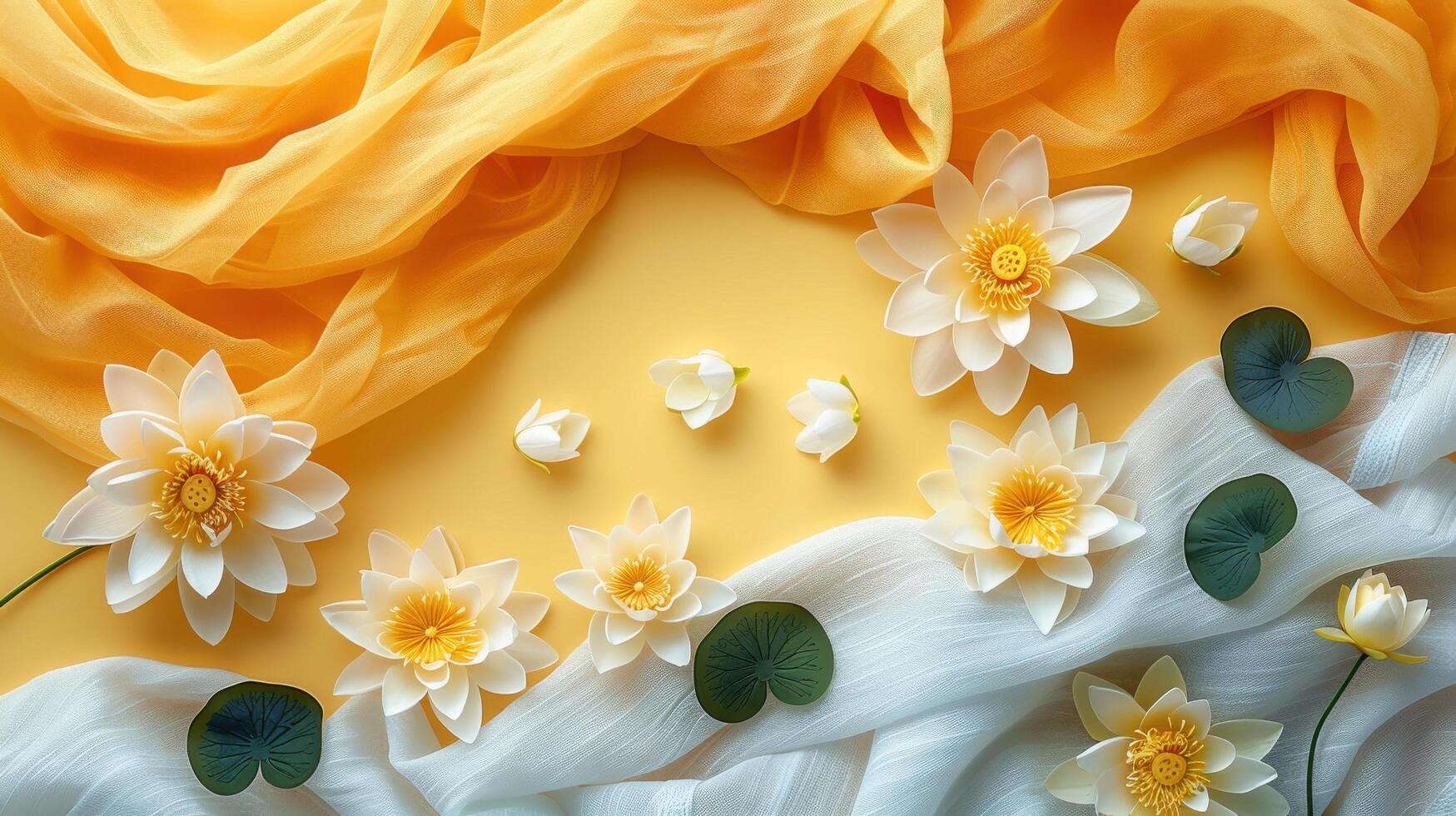 Elegant Arrangement of White and Yellow Lotus Flowers with Flowing Fabric on a Yellow Background photo