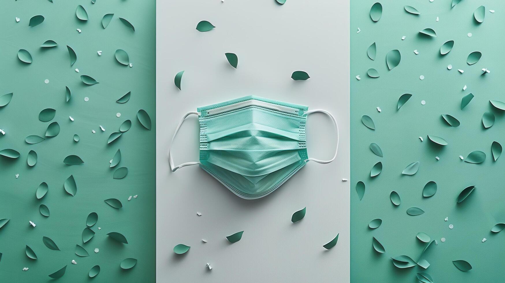 Medical Face Mask on Green Background with Decorative Leaves - Healthcare and Hygiene Concept photo