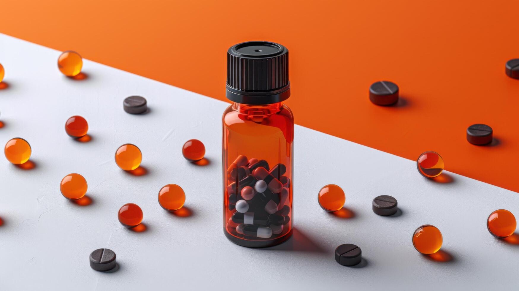 Red Pill Bottle with Various Pills and Capsules on a Two-Tone Orange and White Background photo