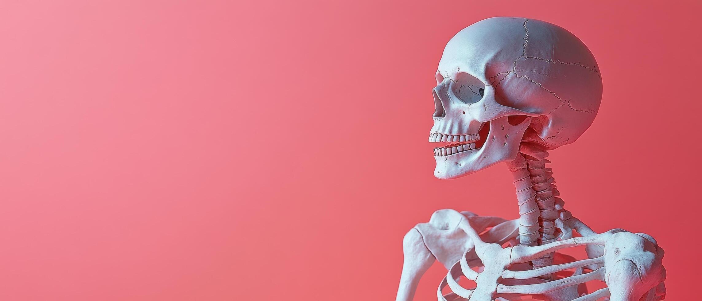 Anatomical Human Skeleton Model Against Pink Background for Medical and Educational Purposes photo