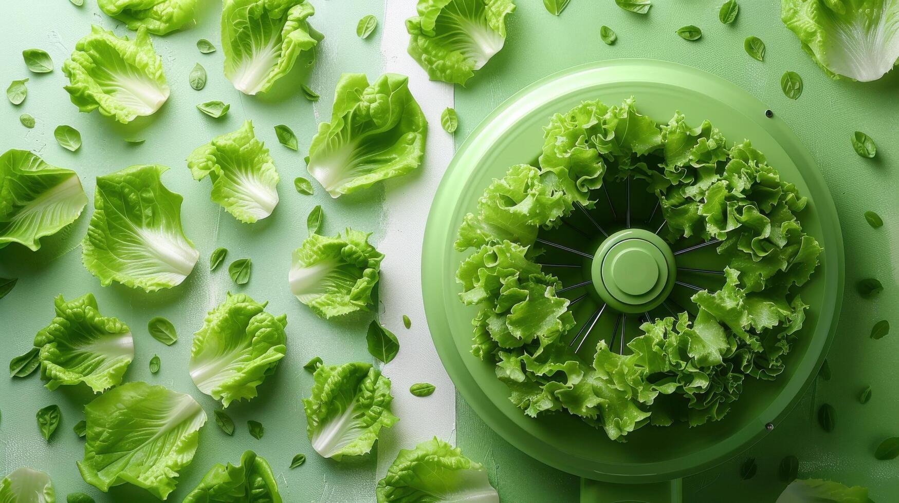 Fresh Green Lettuce Leaves in Salad Spinner on Green Background with Scattered Leaves photo