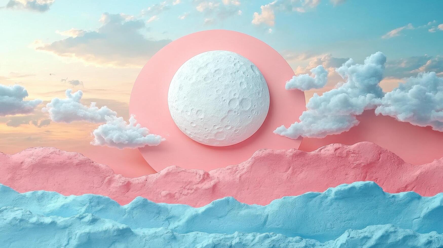 Surreal Dreamscape with Moon, Clouds, and Pastel-Colored Mountains Under a Vibrant Sky photo