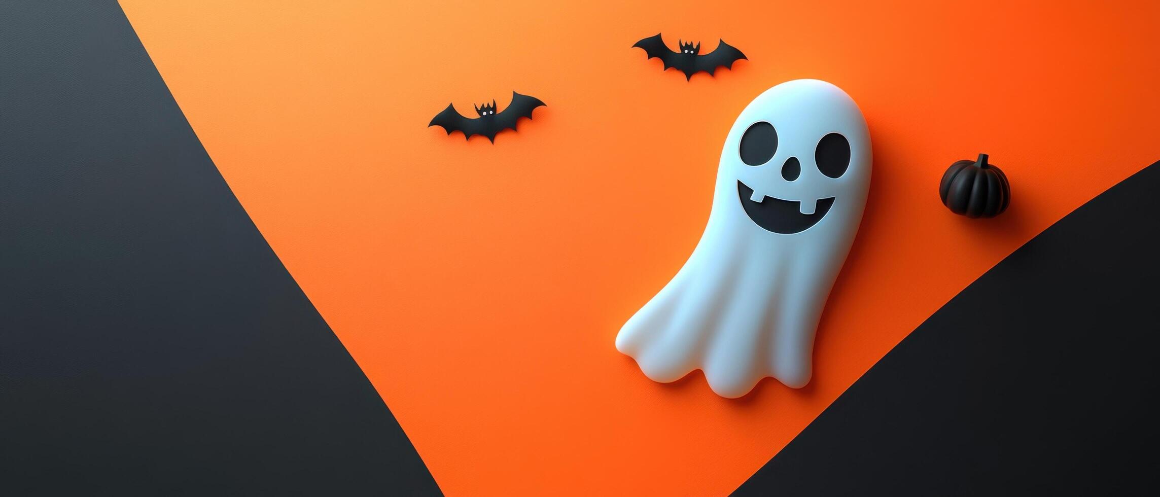 Halloween Background with Cute Ghost, Bats, and Pumpkin on Orange and Black Diagonal Split photo