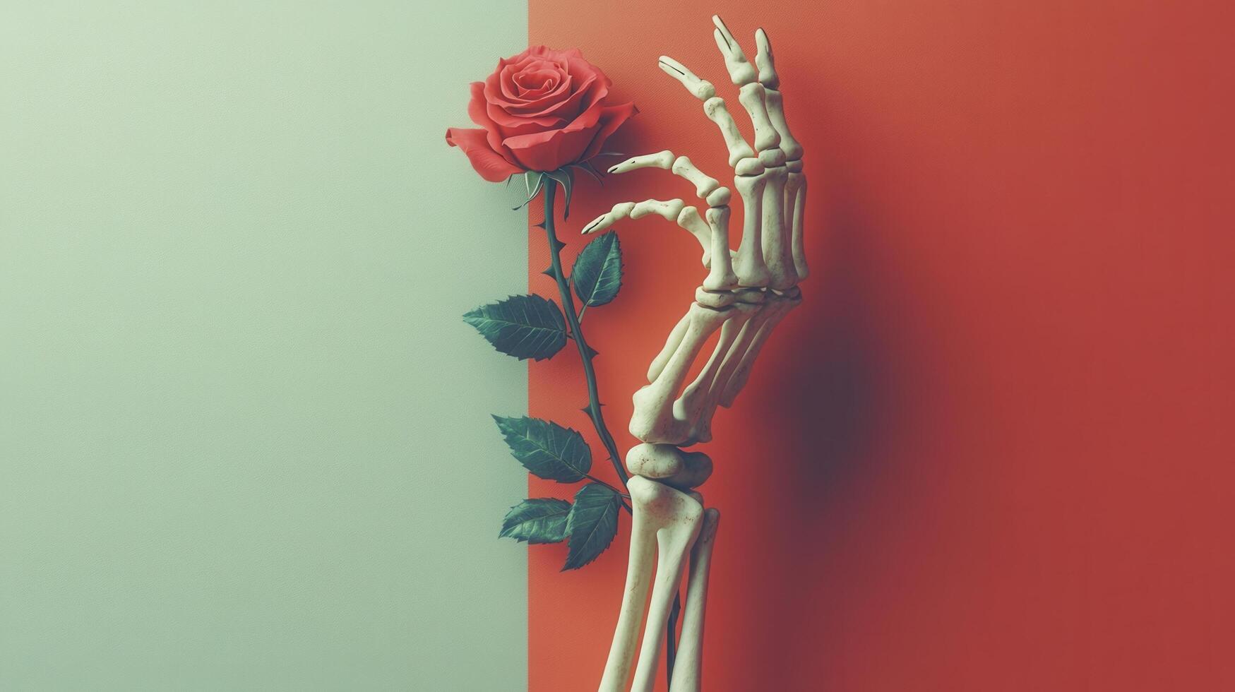 Skeleton Hand Holding Red Rose Against Split Red and Green Background, Symbolizing Life and Death, Love and Mortality photo