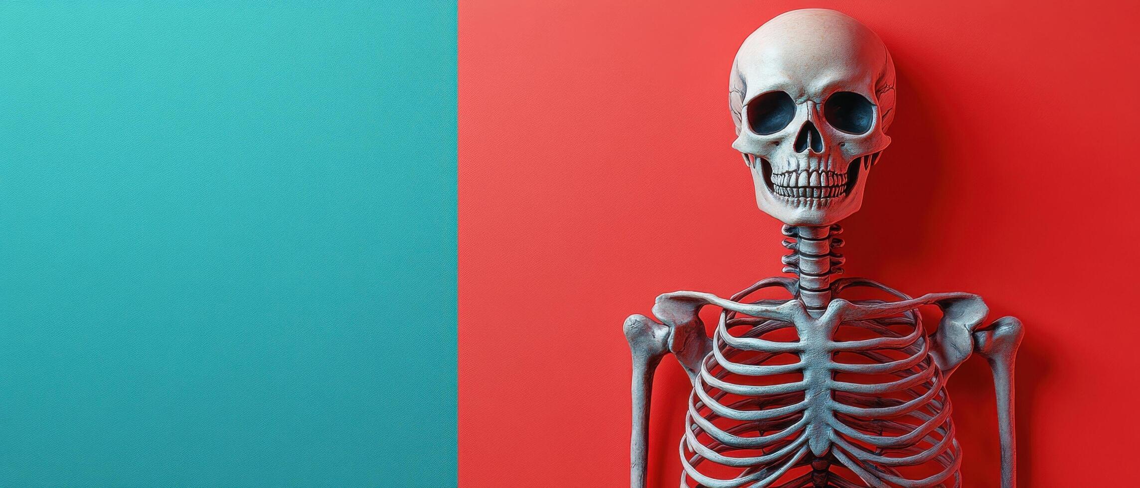 Human Skeleton Model on Vibrant Red and Blue Background - Medical and Educational Anatomy Concept photo