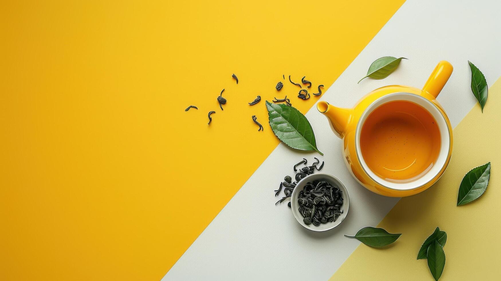 Top View of a Yellow Teapot with Green Tea Leaves on a Modern Yellow and White Background photo