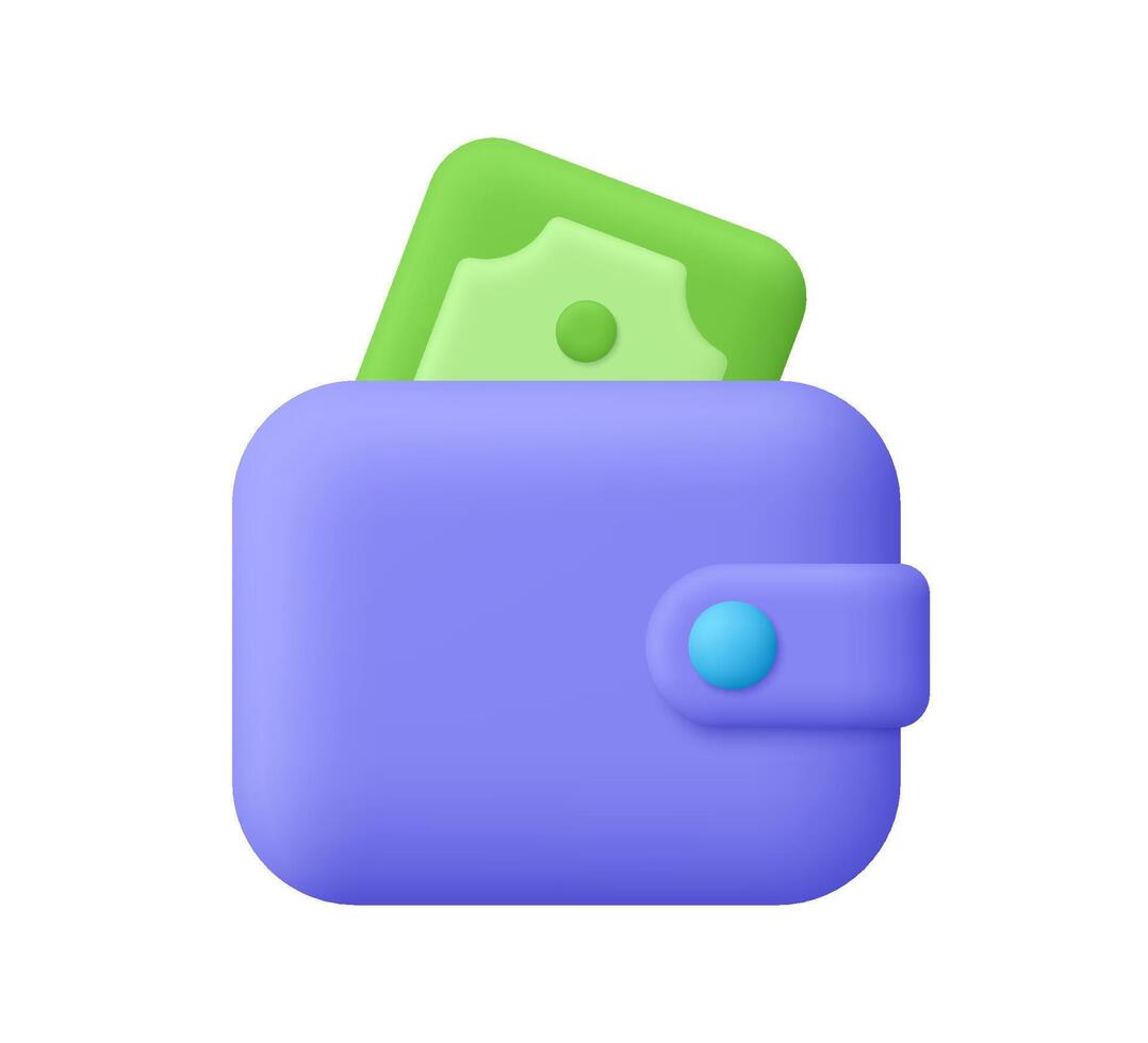Wallet with dollar banknotes, green cash. Mobile banking and online payment service. Finance, investment , budget and savings concept. 3d icon. Cartoon minimal style. vector