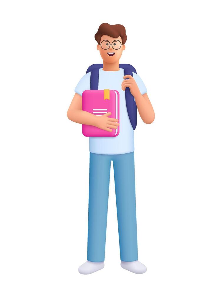 Student with backpack holding book. Study, education, back to school, knowledge concept. 3d people character. Cartoon minimal style. vector