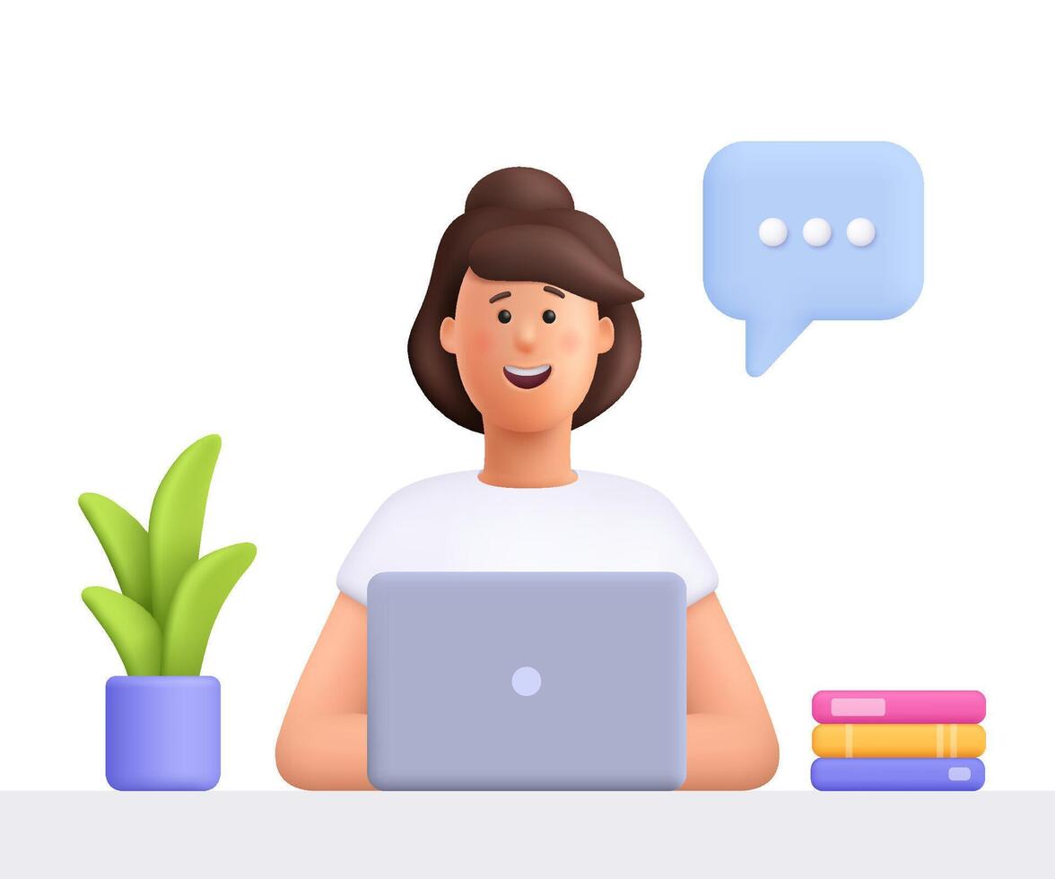 Young smiling woman sitting at a desk and working at a computer. Business, remote work, freelance, education and social media concept. 3d people character illustration. Cartoon minimal style. vector