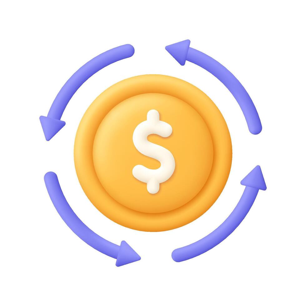 Coin with dollar sign and circle arrow. Cash flow, currency exchange and cash back concept. 3d icon. Cartoon minimal style. vector