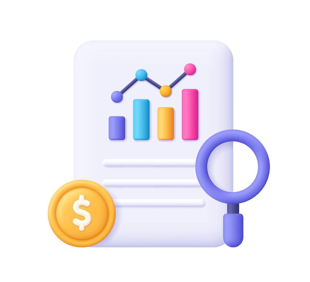 Document file with graph chart, coin and magnifying glass. Business finance report and data analysis, financial audit, investment portfolio concept. 3d icon. Cartoon minimal style. vector