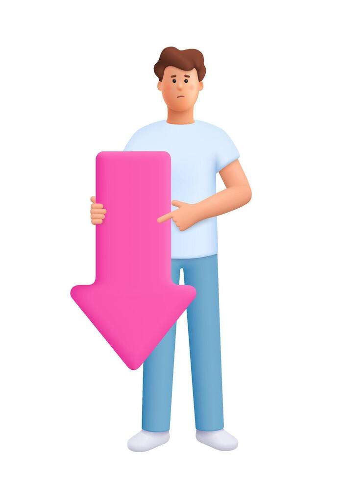 Young smiling man holding yellow big direction arrow pointing down. 3d people character. Cartoon minimal style. vector