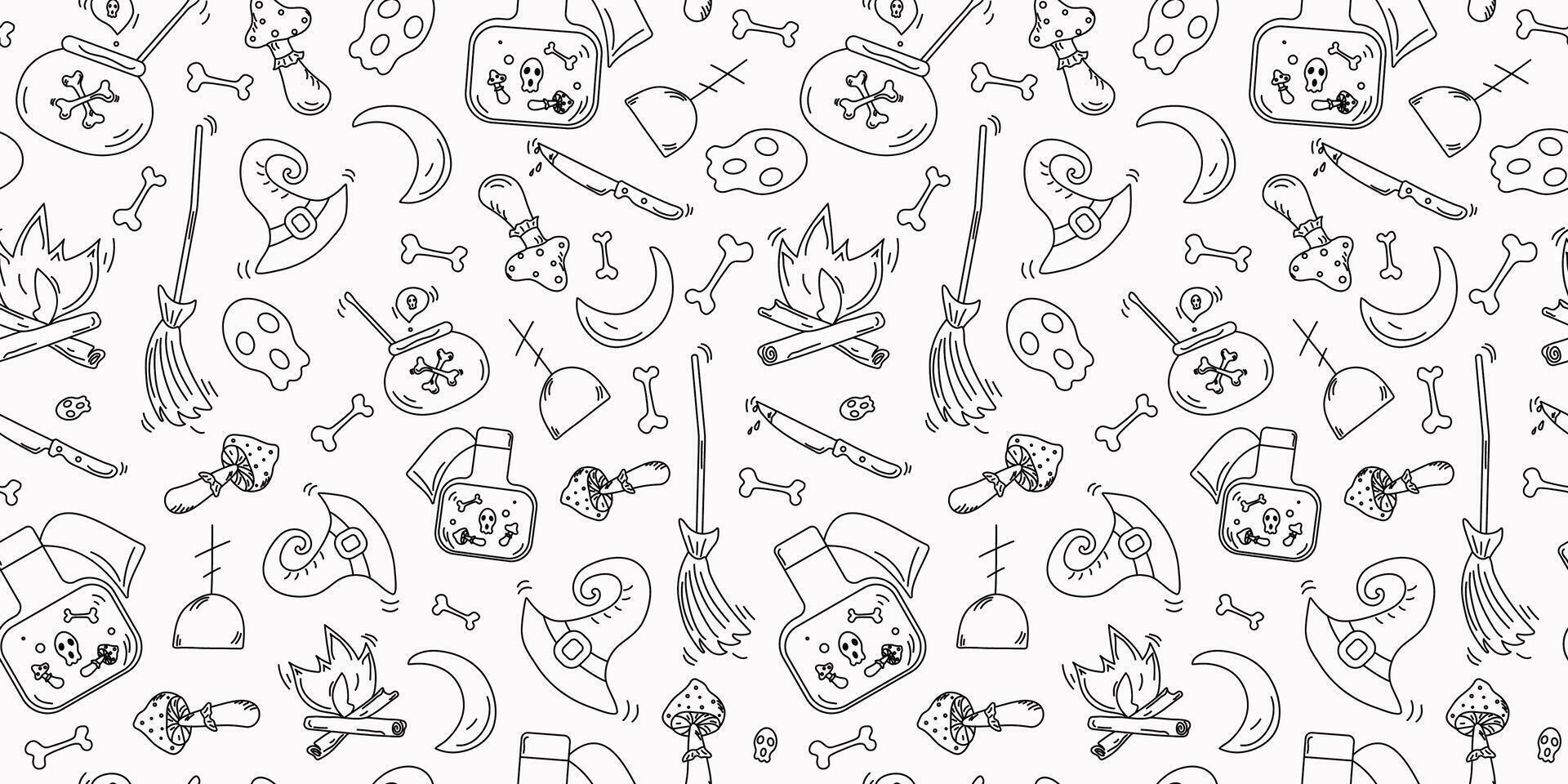 Halloween pattern. Hand drawn icons set. Seamless background. Holiday icons and attributes. Drawing, doodle. vector