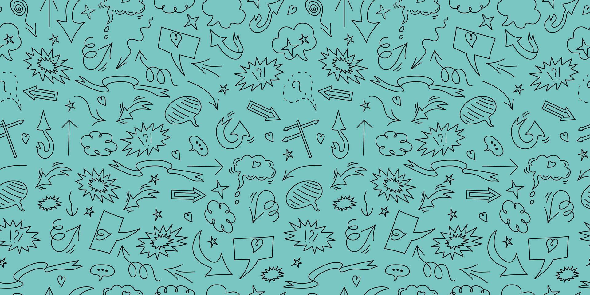 Pattern seamless background, doodle elements. Arrows, heart, elements for conceptual design. Speech bubble, cloud for text. vector