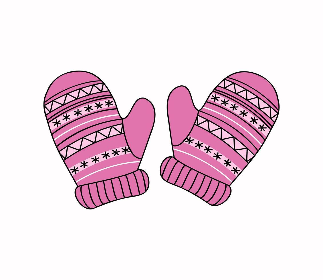 Knitted mittens with Christmas ornament. Warm cozy knitted clothes. Handicraft, handmade. Autumn, winter season. Illustration on isolated background. vector