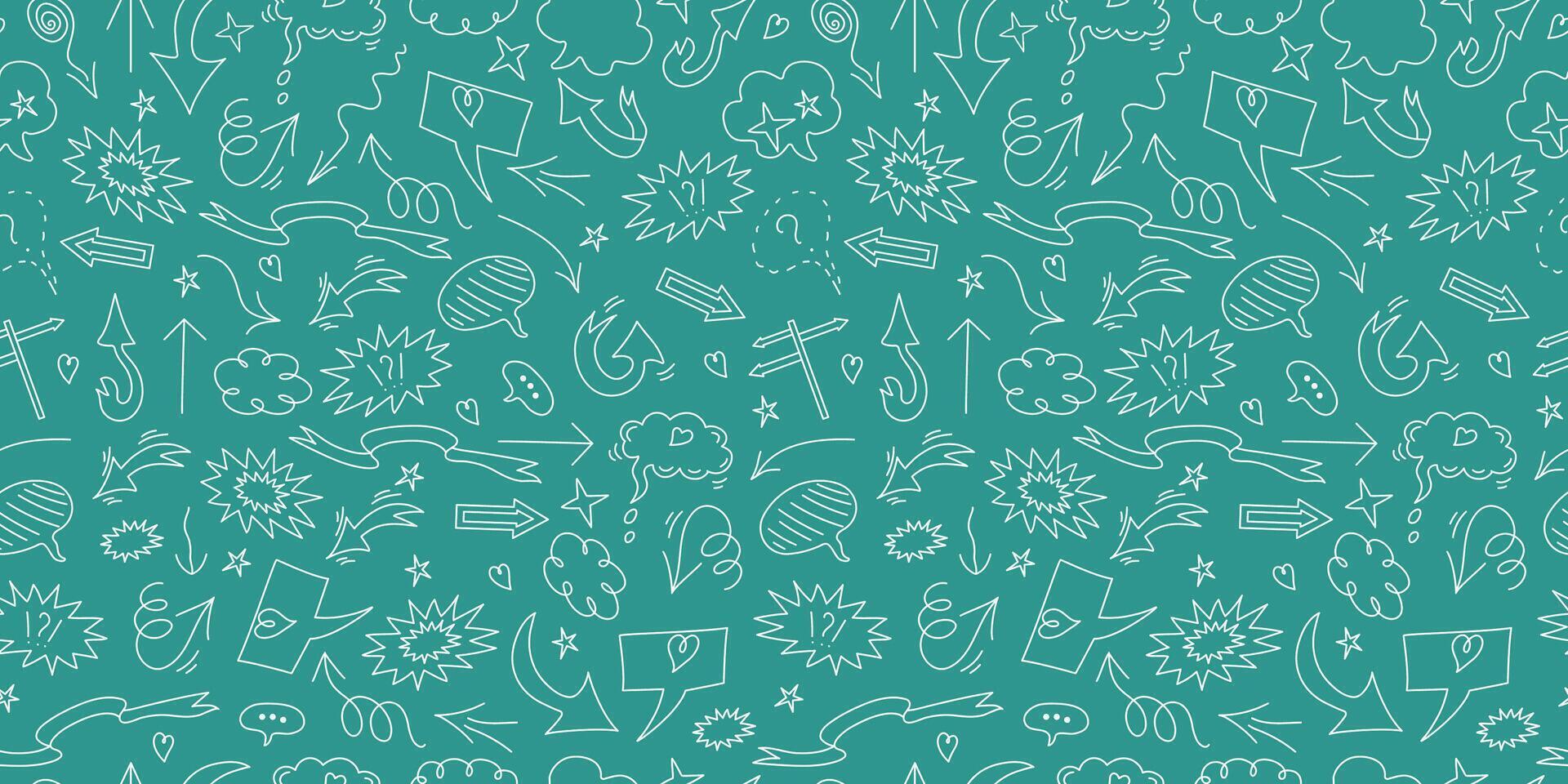 Seamless background, pattern. Arrows, heart, hand drawn elements, doodle. Icons, signs, stars. Speech bubble, cloud. vector