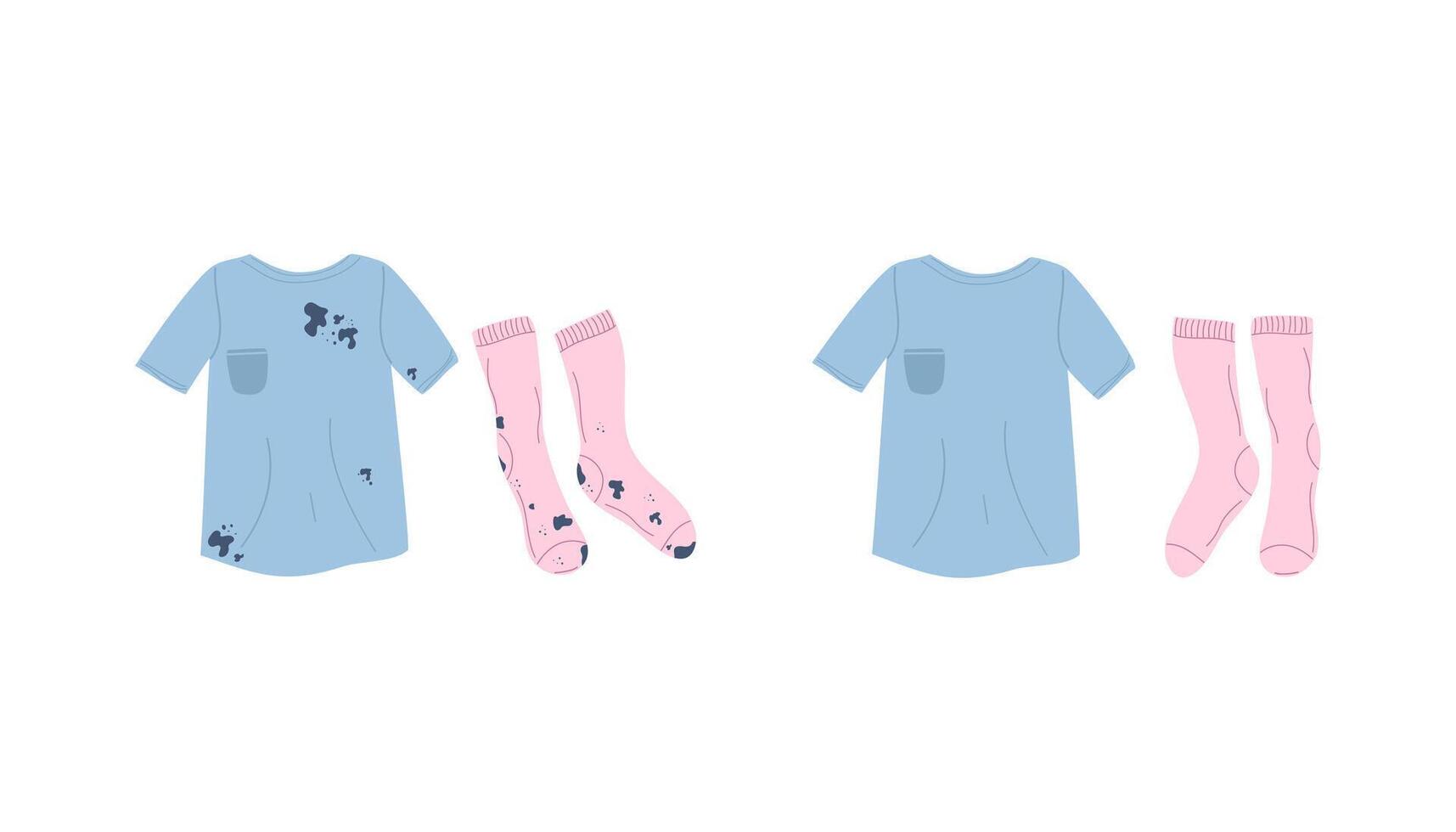 Dirty soiled clothes and clean clothes. T shirt, socks. Clothes soiled with dirt and washed. Laundry care, washing. Illustration isolated on white background. vector