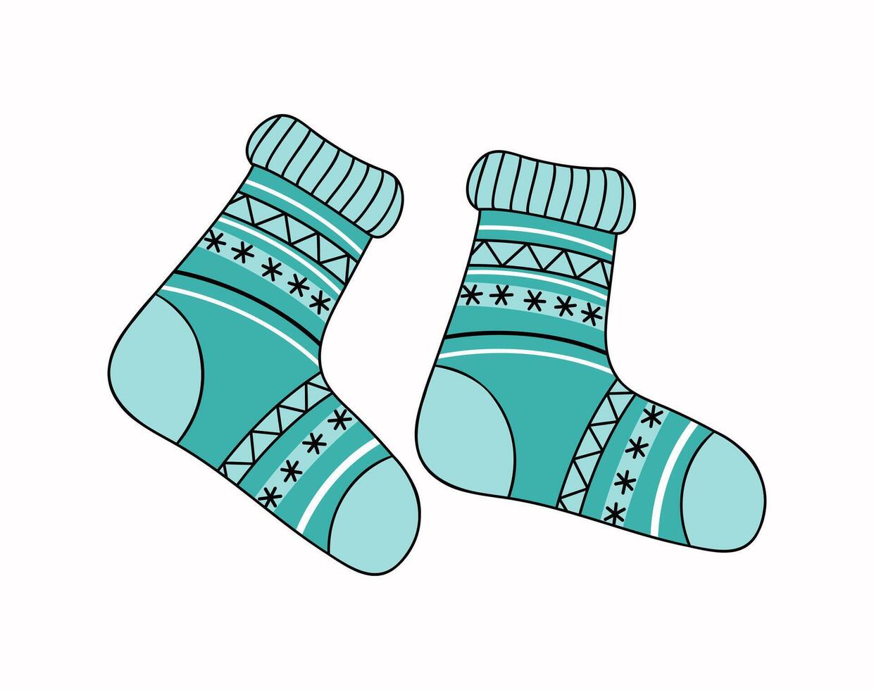 Pair socks. Christmas ornament. Warm cozy knitted clothes. Handmade, needlework, knitting. Wool socks. Autumn, winter season. Illustration on isolated background. vector