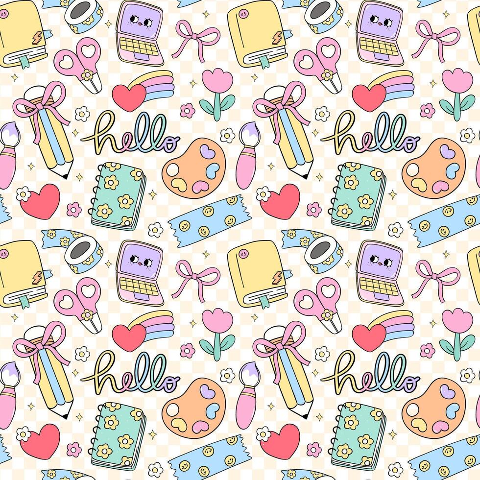 Retro School Supplies Pastel Pattern Seamless Repeating Doodle Design Back to School background vector
