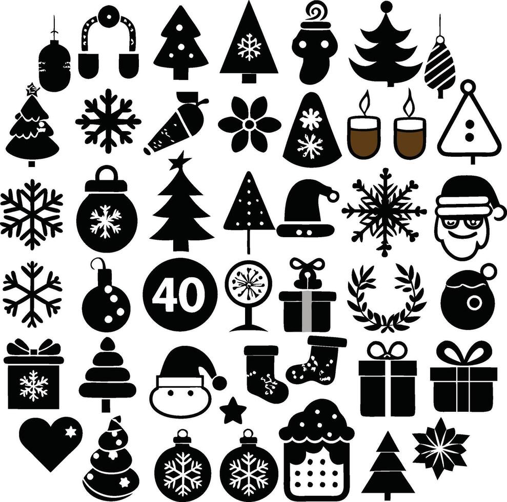 christmas icons set black and white vector