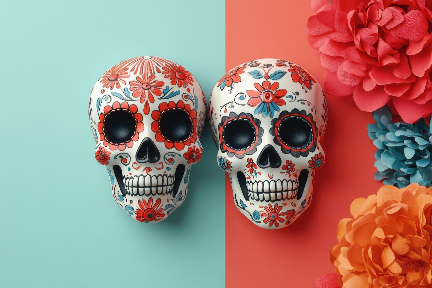 Colorful Day of the Dead Sugar Skulls with Vibrant Flowers on Split Background photo