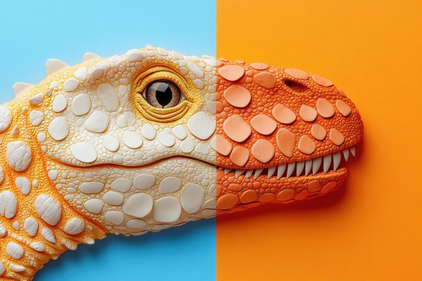Colorful Dinosaur Head Split Against Blue and Orange Background - Creative and Vibrant Conceptual Art photo