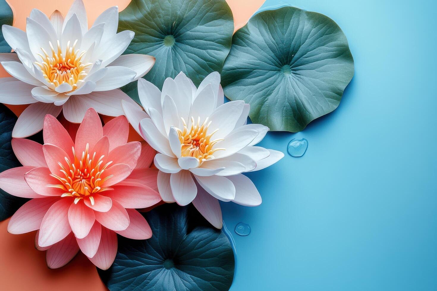 Beautiful Water Lilies and Lotus Leaves on a Colorful Background - Nature, Floral, Botanical, Tranquil, Zen photo
