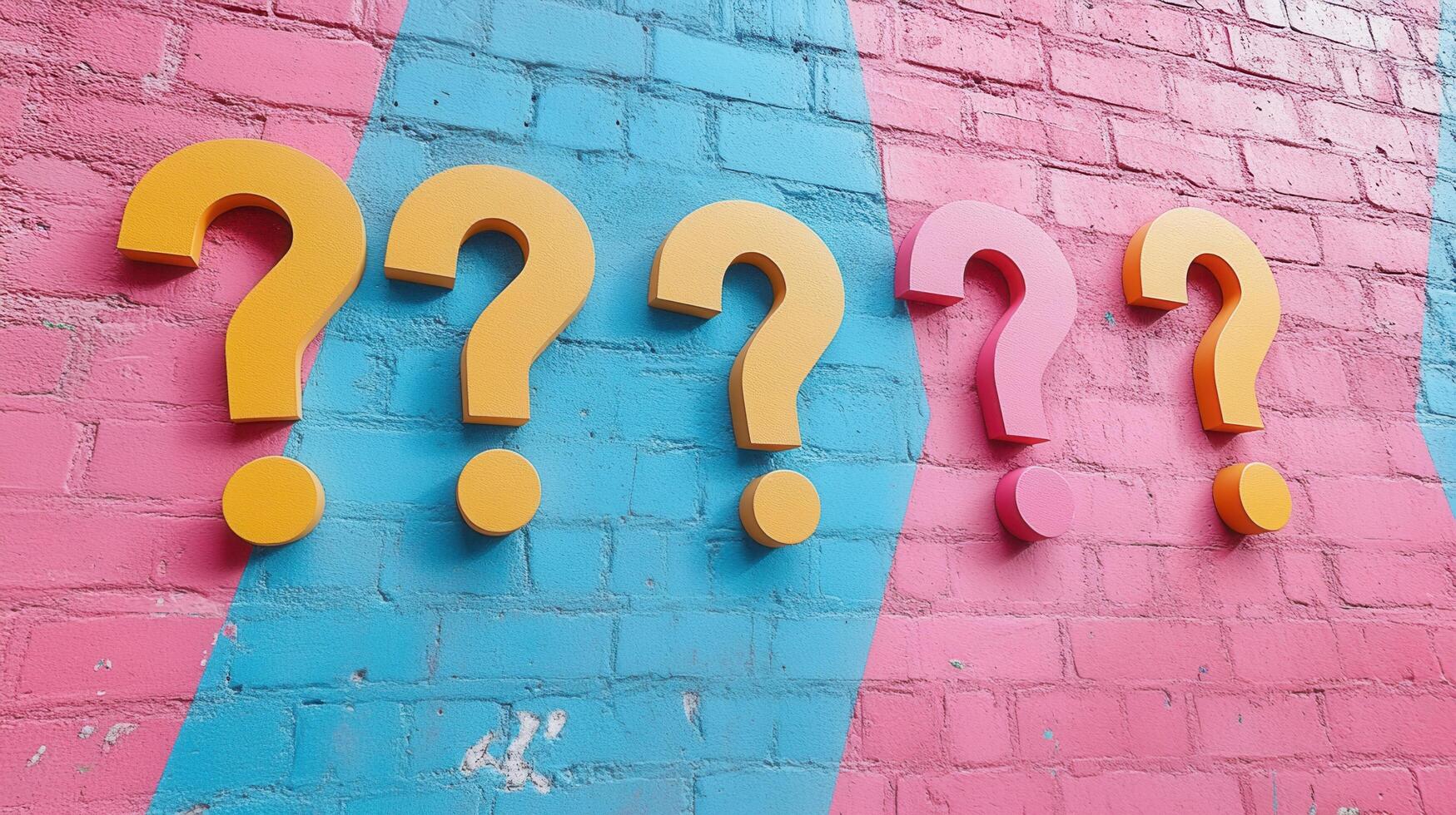 Colorful Question Marks on Vibrant Brick Wall Background with Blue and Pink Paint photo