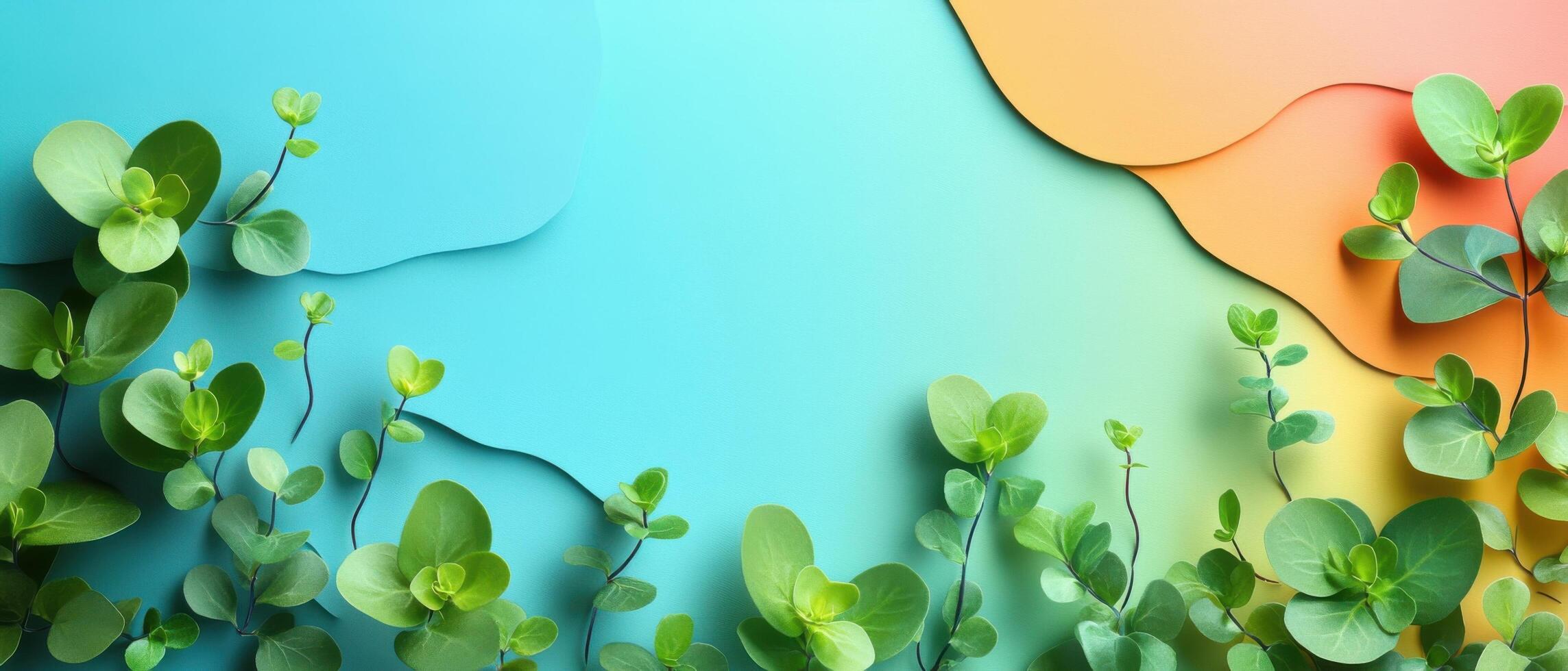 Vibrant Abstract Background with Green Foliage and Colorful Gradient Paper Cut Layers photo
