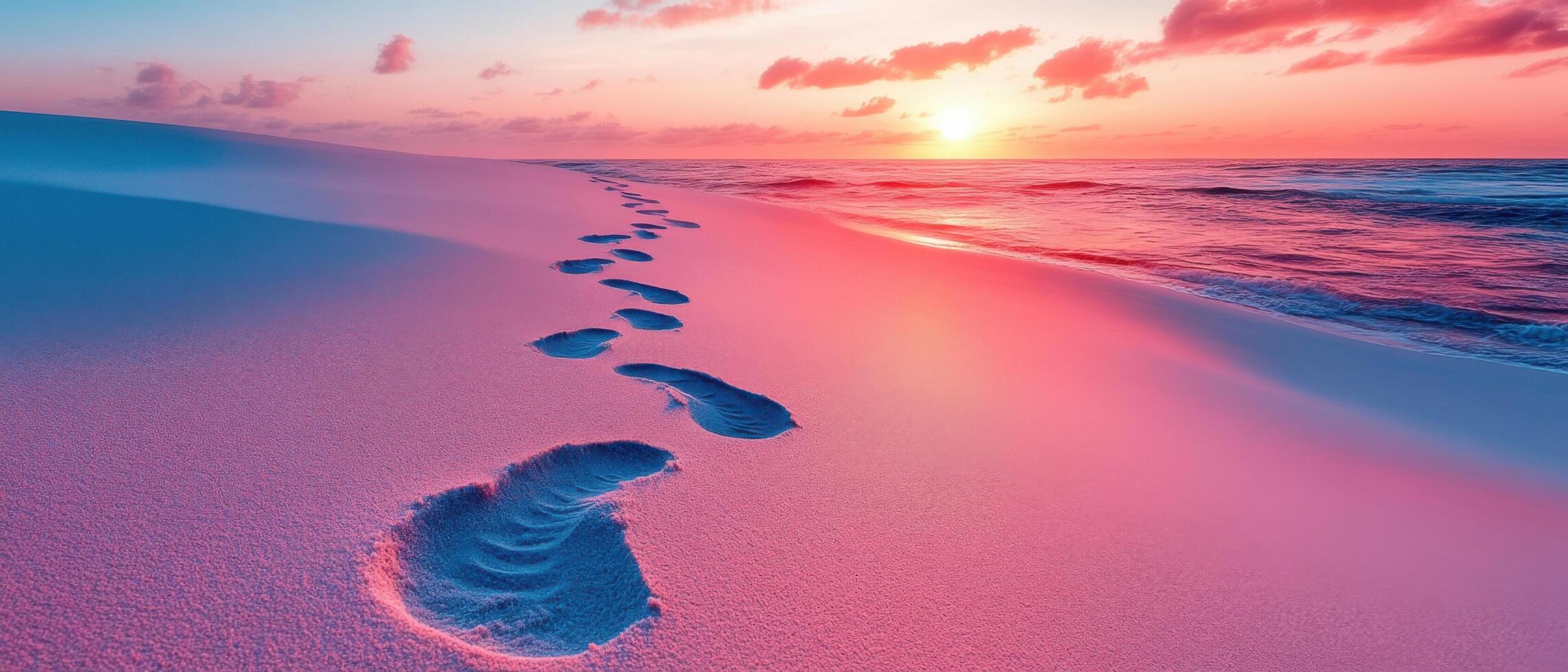 Footprints in the Sand Leading to a Stunning Sunset Over the Ocean with Vibrant Colors and Dramatic Clouds photo