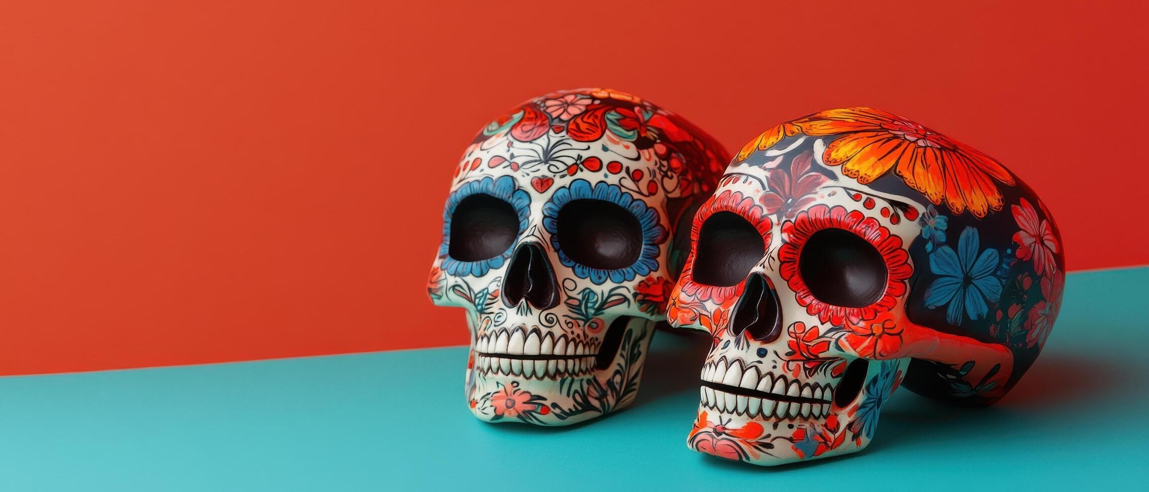 Colorful Day of the Dead Skulls with Floral Patterns on Vibrant Background photo