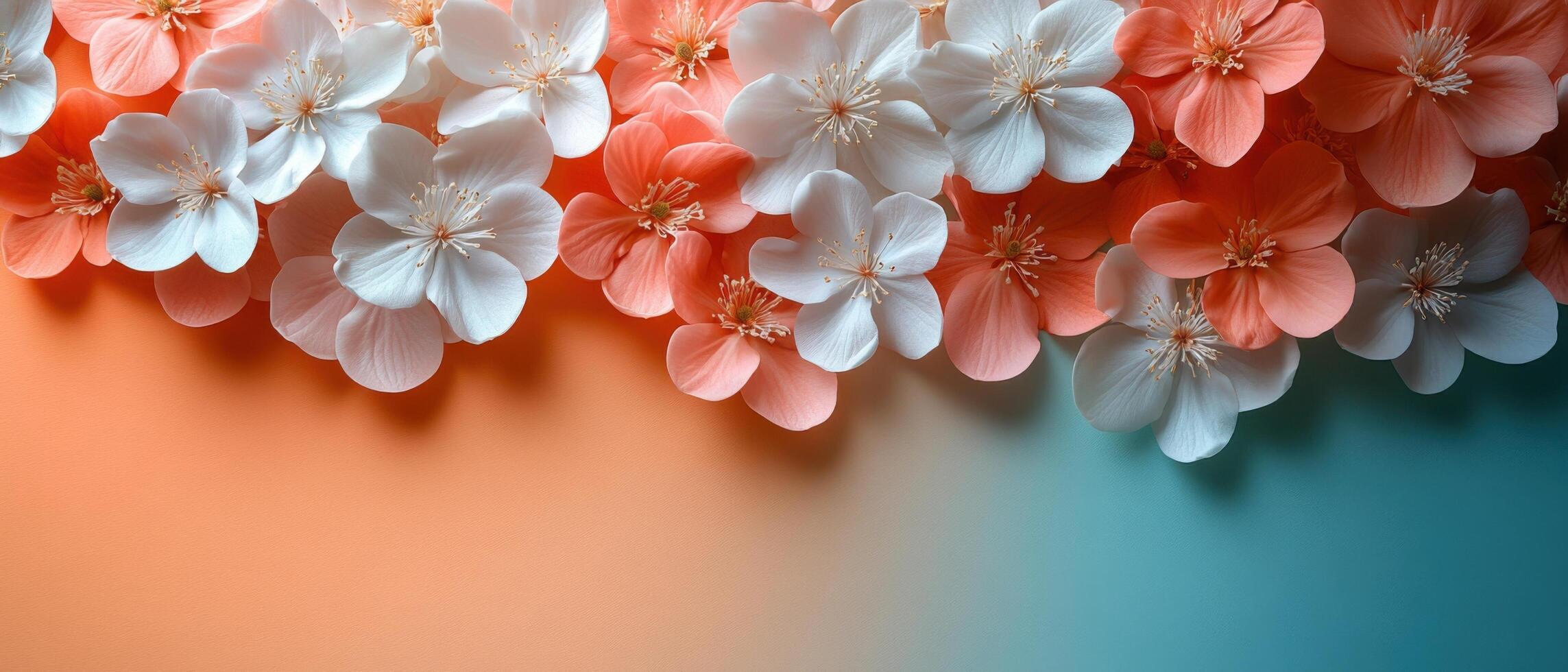 Beautiful Arrangement of White and Peach Flowers on Gradient Background - Elegant Floral Design for Spring and Summer Themes photo