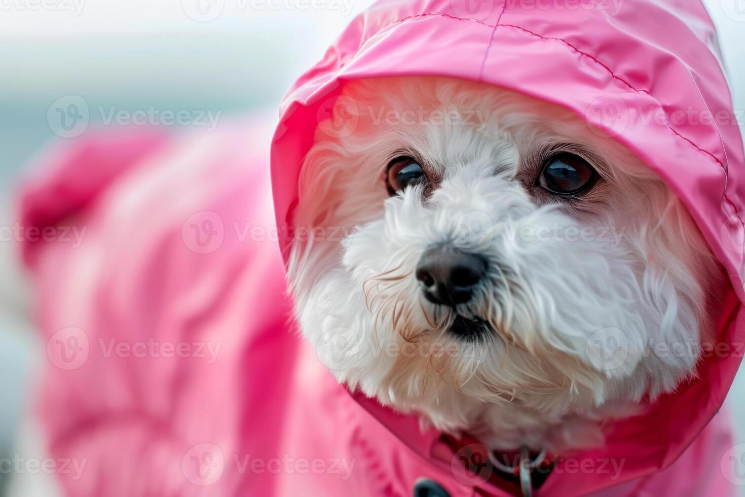 portrait of a cute white Bichon Frise lap dog dressed in a pink raincoat with a hood Clothes for pets photo