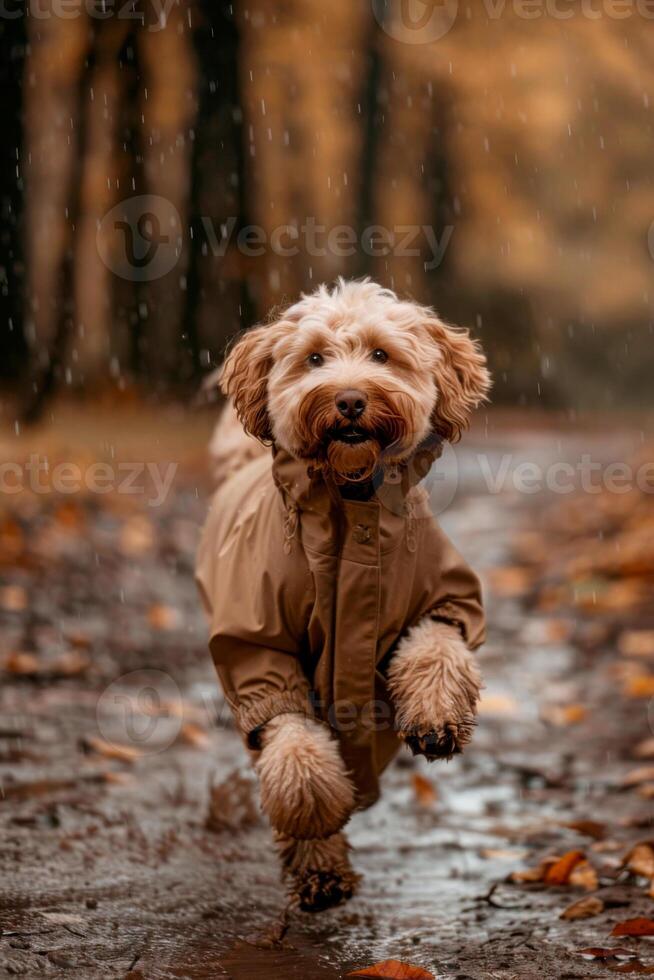 happy labradoodle dog dressed in a rain suit running along the path in the park in autumn Walking dog photo