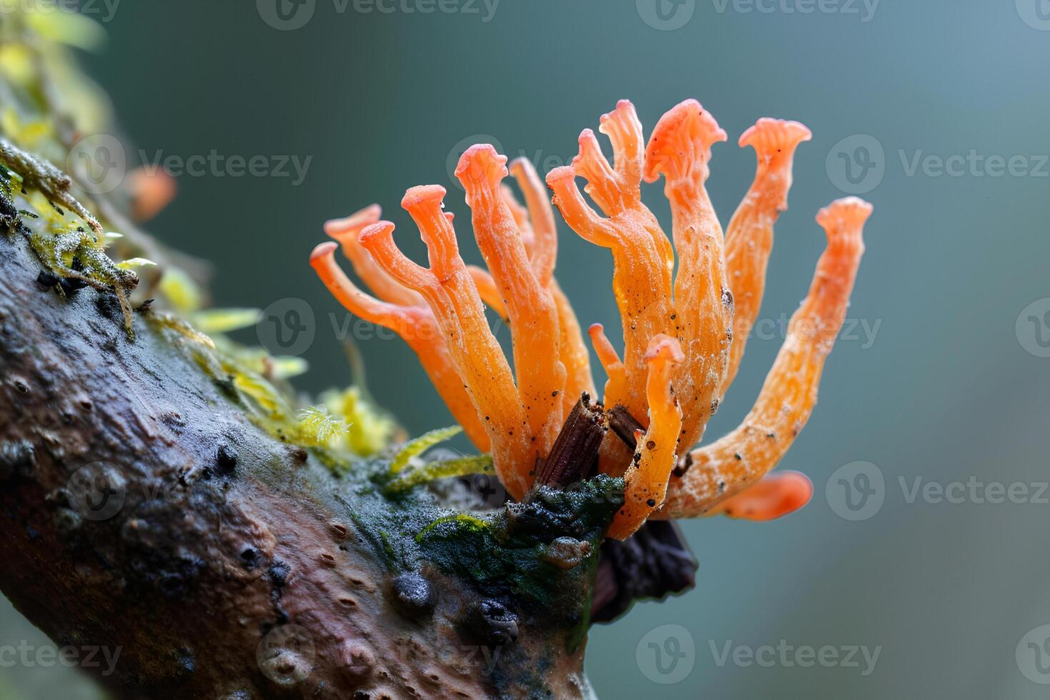 close-up of cordyceps mushroom growing in nature on tree trunk fungus in nature Cordyceps militaris Traditional Chinese medicineNatural biological background Supplements adaptogen photo