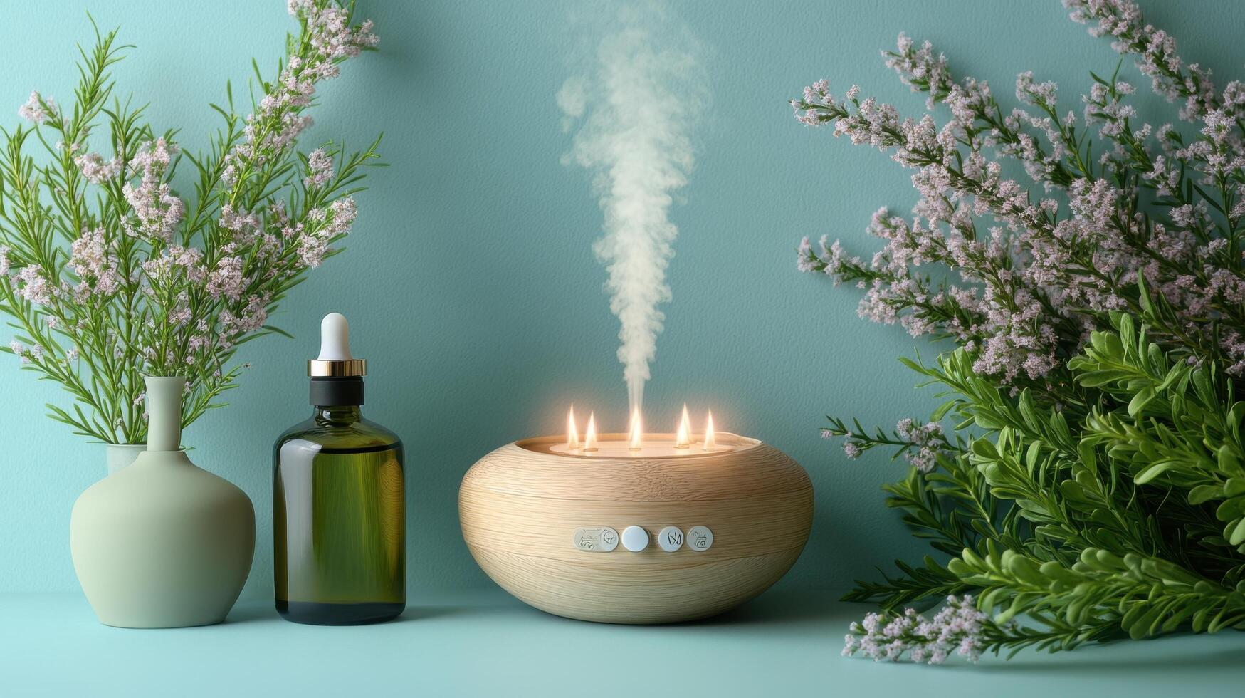 Aromatherapy Setup with Essential Oils, Diffuser, and Fresh Herbs on a Light Blue Background photo