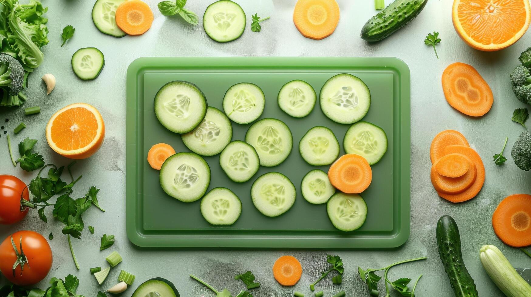Freshly Sliced Cucumbers and Carrots on Green Cutting Board with Assorted Vegetables on Light Background photo