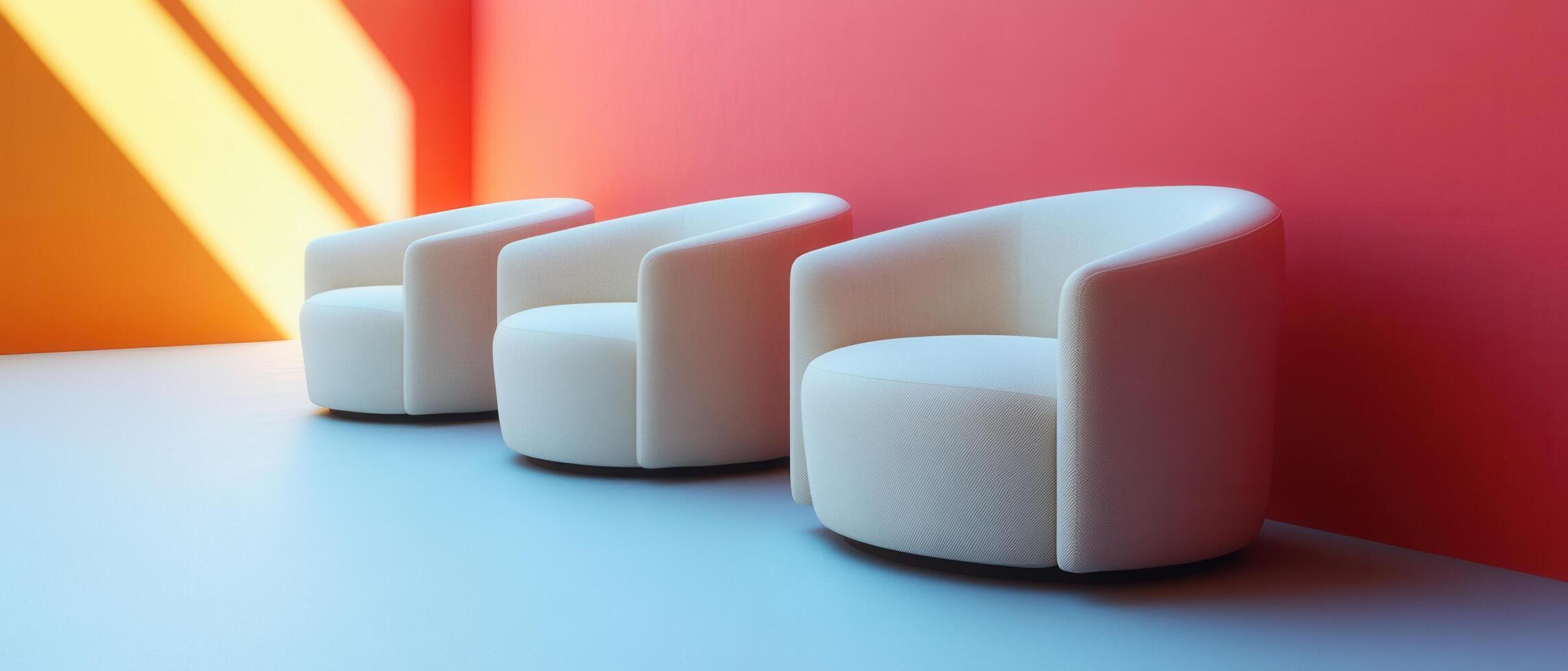 Modern Minimalist Interior with Three White Armchairs Against a Vibrant Red and Orange Wall photo