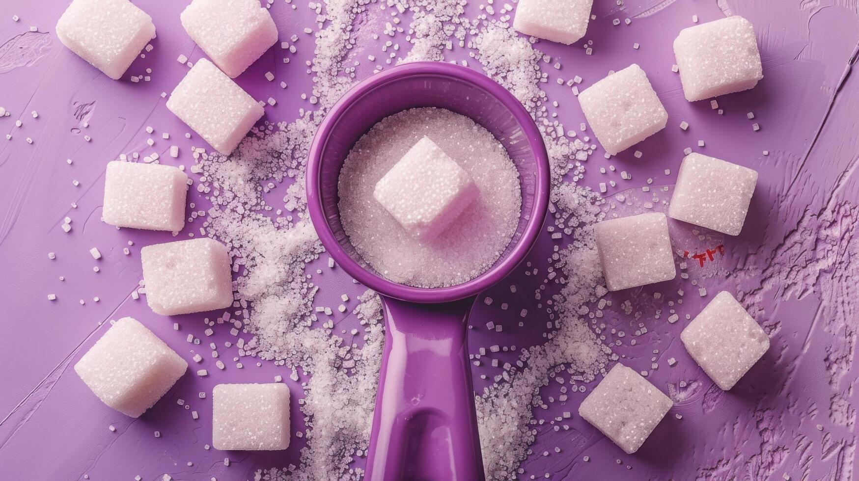 Purple Measuring Cup with Sugar Cubes and Granulated Sugar on a Purple Background photo