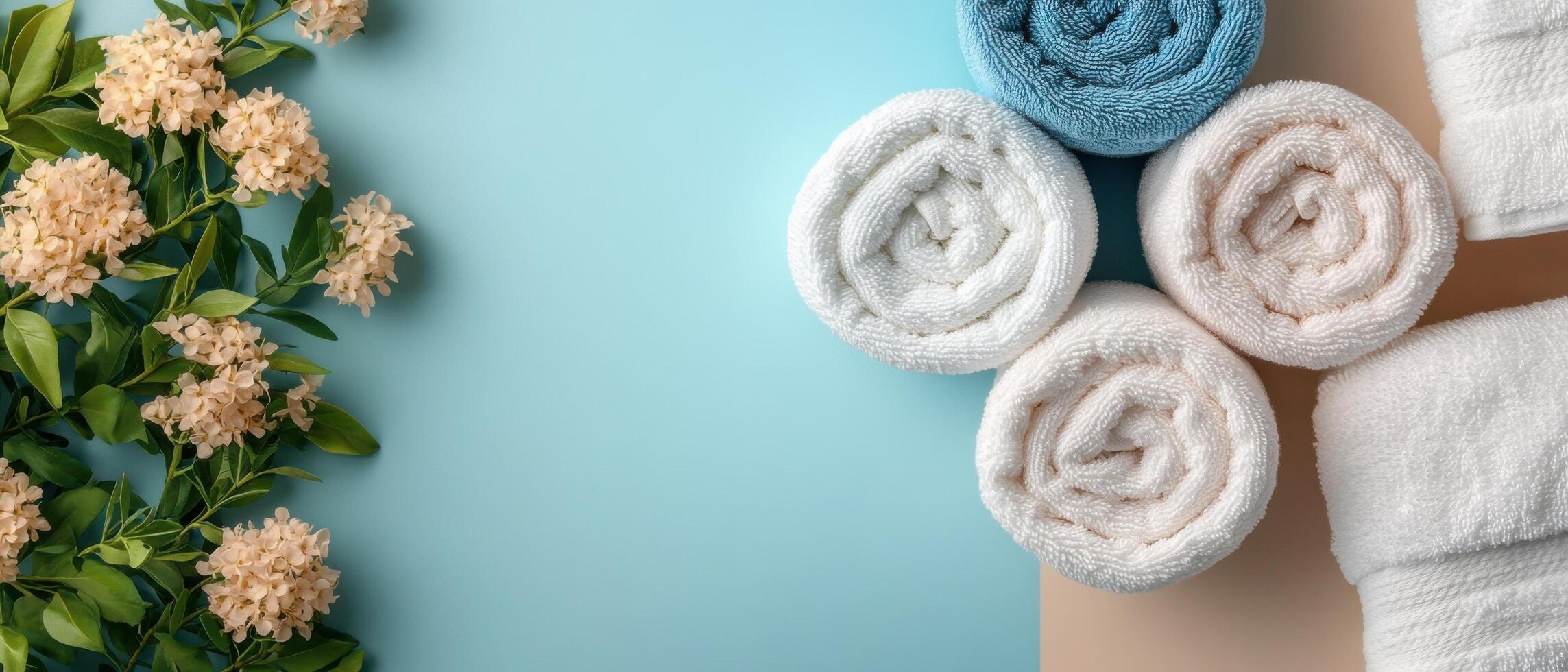 Rolled Towels and Flowers on a Pastel Background - Spa and Relaxation Concept with Soft Textiles and Floral Decor photo