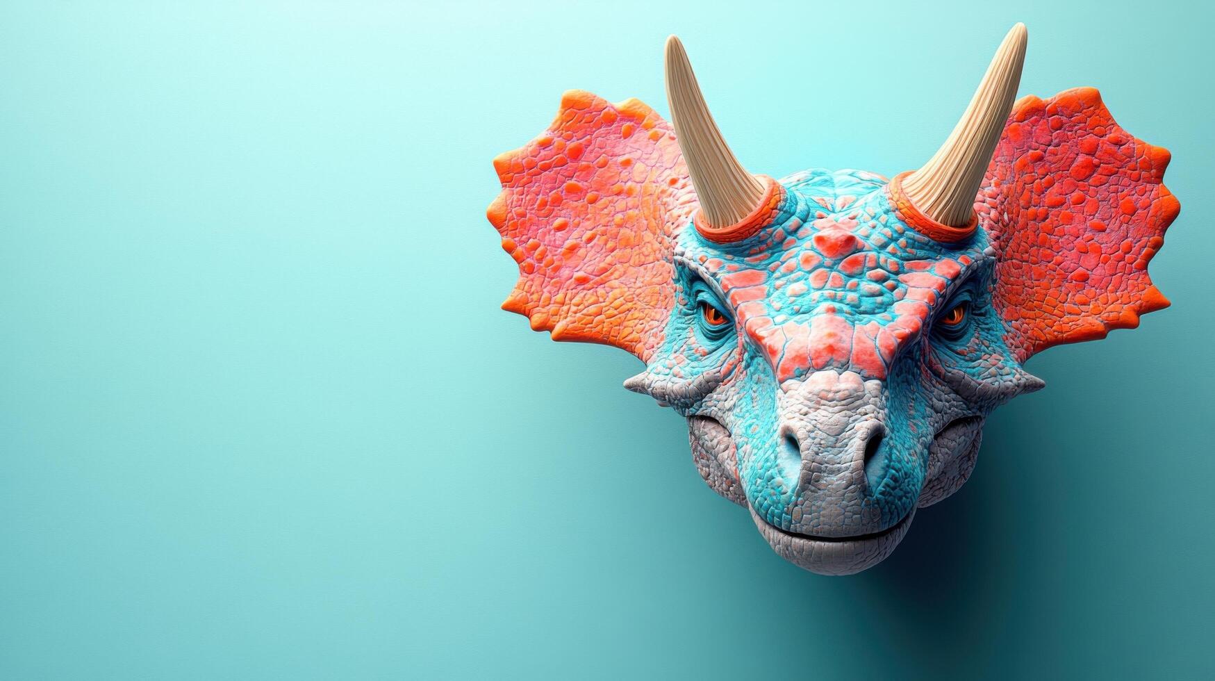 Colorful Triceratops Dinosaur Head on Turquoise Background - 3D Illustration of Prehistoric Animal photo